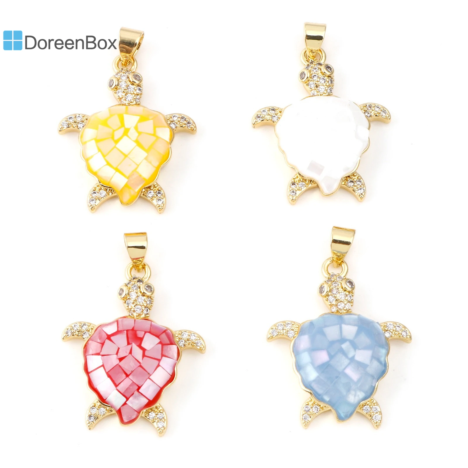 1 PC Shell & Copper Ocean Jewelry Charms Gold Color Multicolor Sea Turtle Animal Pendants Clear Cubic Zirconia 3.1cm x 2.1cm