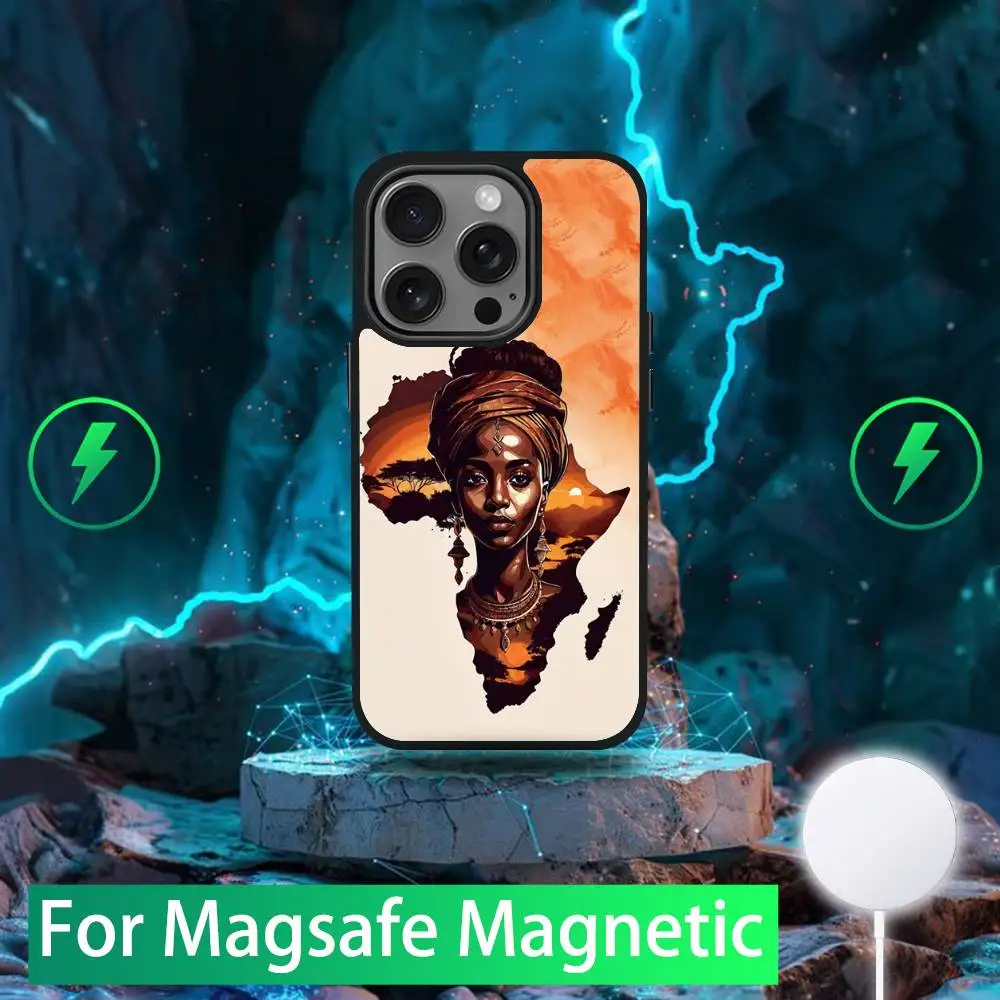 حافظة هاتف Geogra لخريطة أفريقيا لهواتف iPhone 16,15,14,13,12,11,Pro,Max,Plus,Mini,SE شحن لاسلكي مغناطيسي جديد من Magsafe
