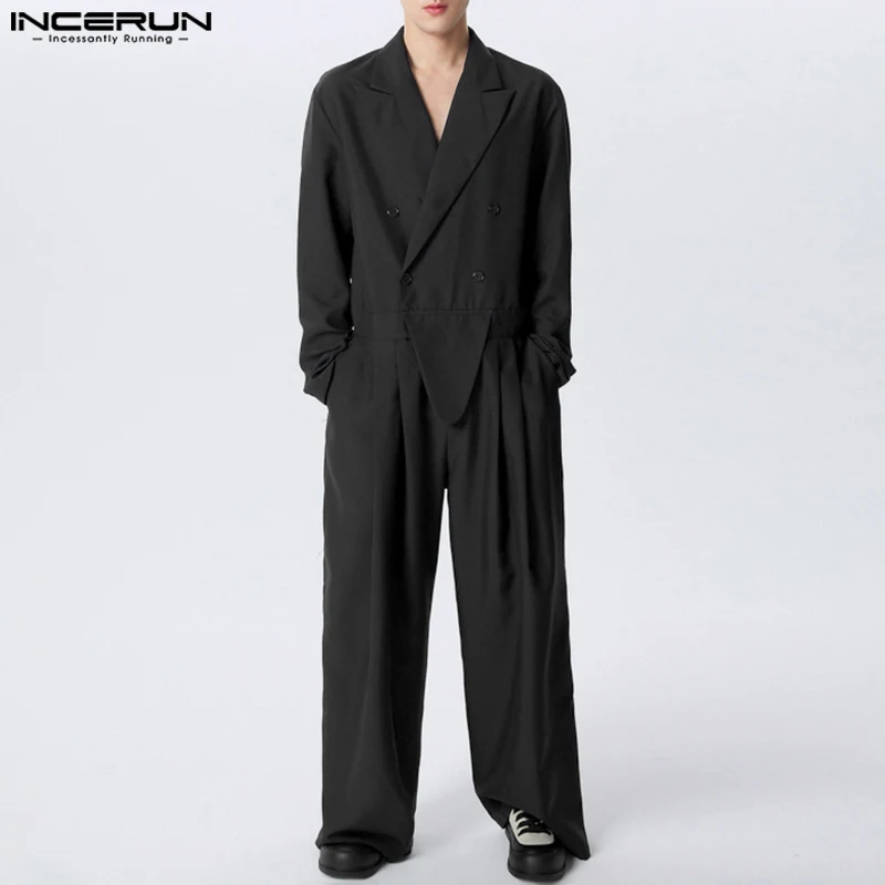 INCERUN Men Jumpsuits Solid Color Lapel Long Sleeve Double Breasted Rompers Men Streetwear 2024 Loose Fashion Casual Overalls