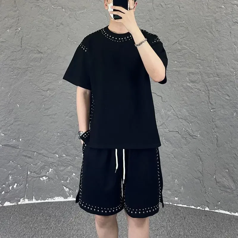 2026 Summer Men's Luxury Rhinestone Trim Casual Set, All-Match Black Short Sleeve T-Shirt + Shorts Hip Hop Style  Outfit