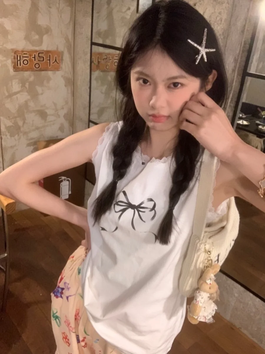 Koronkowa kamizelka z czystej bawełny damska letnia wiosenna luźna z węzłem modna casualowa stringi