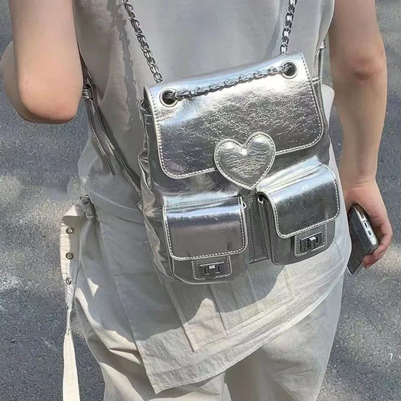 Richme Y2K Silver Women Backpacks Fashion 2024 Designer Mochila Femenina Luxury Heart Shaped Small Capacity Commute Bolso Mujer