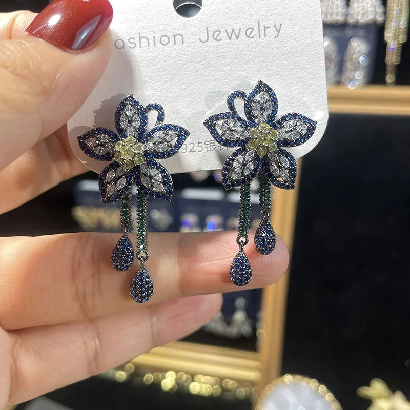 

Ювелирные изделия, серьги-гвоздики для женщин, синий цирконий, цветочный дизайн, серебро 925, игла, висячие серьги, аксессуары для вечеринок