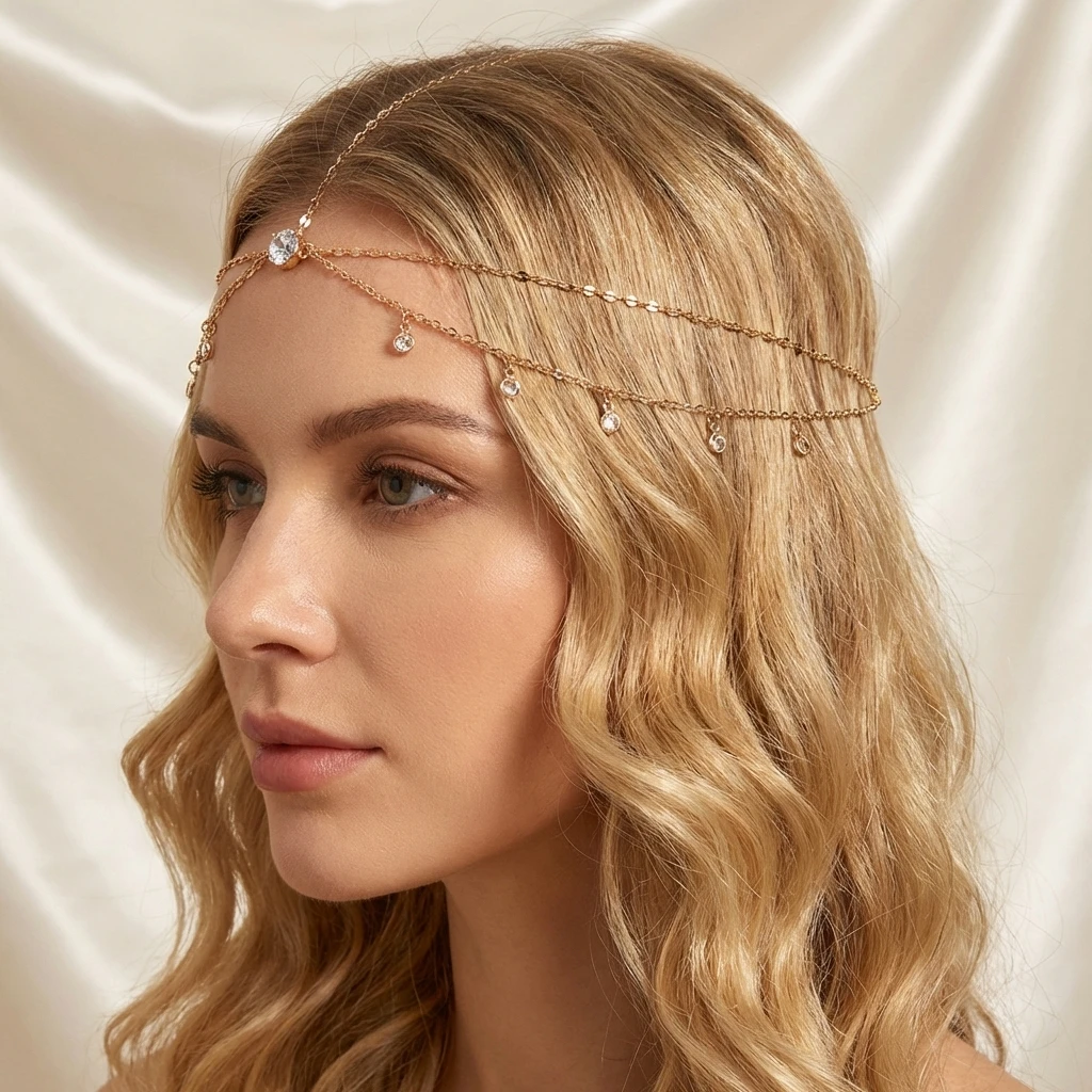 Princess Style Luxurious Multi-Layered Diamond Forehead Chain for Women Shiny Hair Accessory Headwear for Wedding Birthday Party