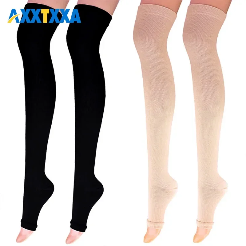 AXXTXXA 1 Pair 20-30 Mmhg Compression Stockings for Men & Women, Thigh High Length, Dot-top, Open Toe