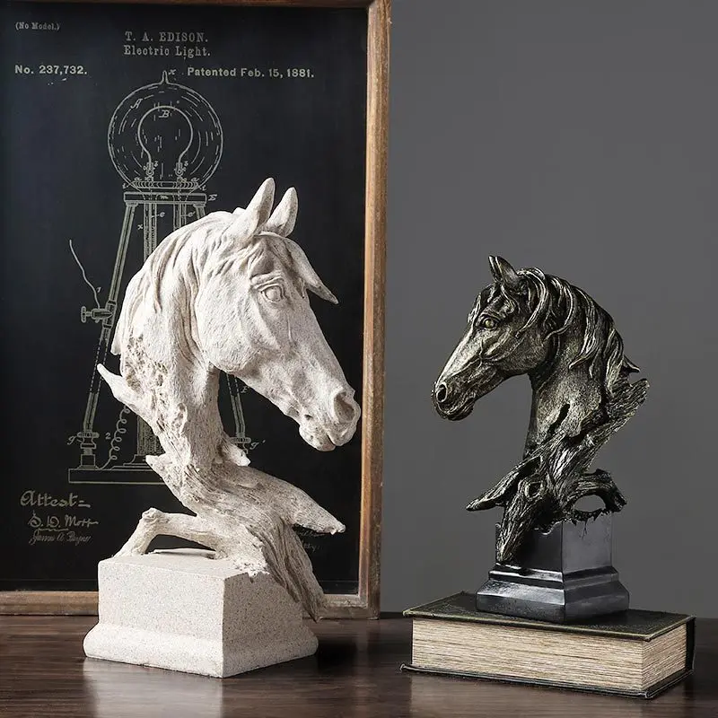 Retro Horse Statues Chinese Fengshui Figurines Resin Horse Head Sculptures Office Cabinet Desktop Decor Friend's Gift