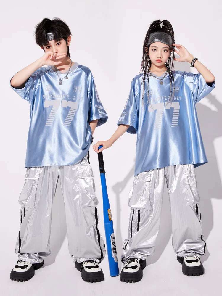 키즈 힙합 실버 운동복 스트리트 댄스 반짝 이는 카고 바지 소녀 K-pop streetwear 키즈 재즈 의류 세트 어린이 무대 의상