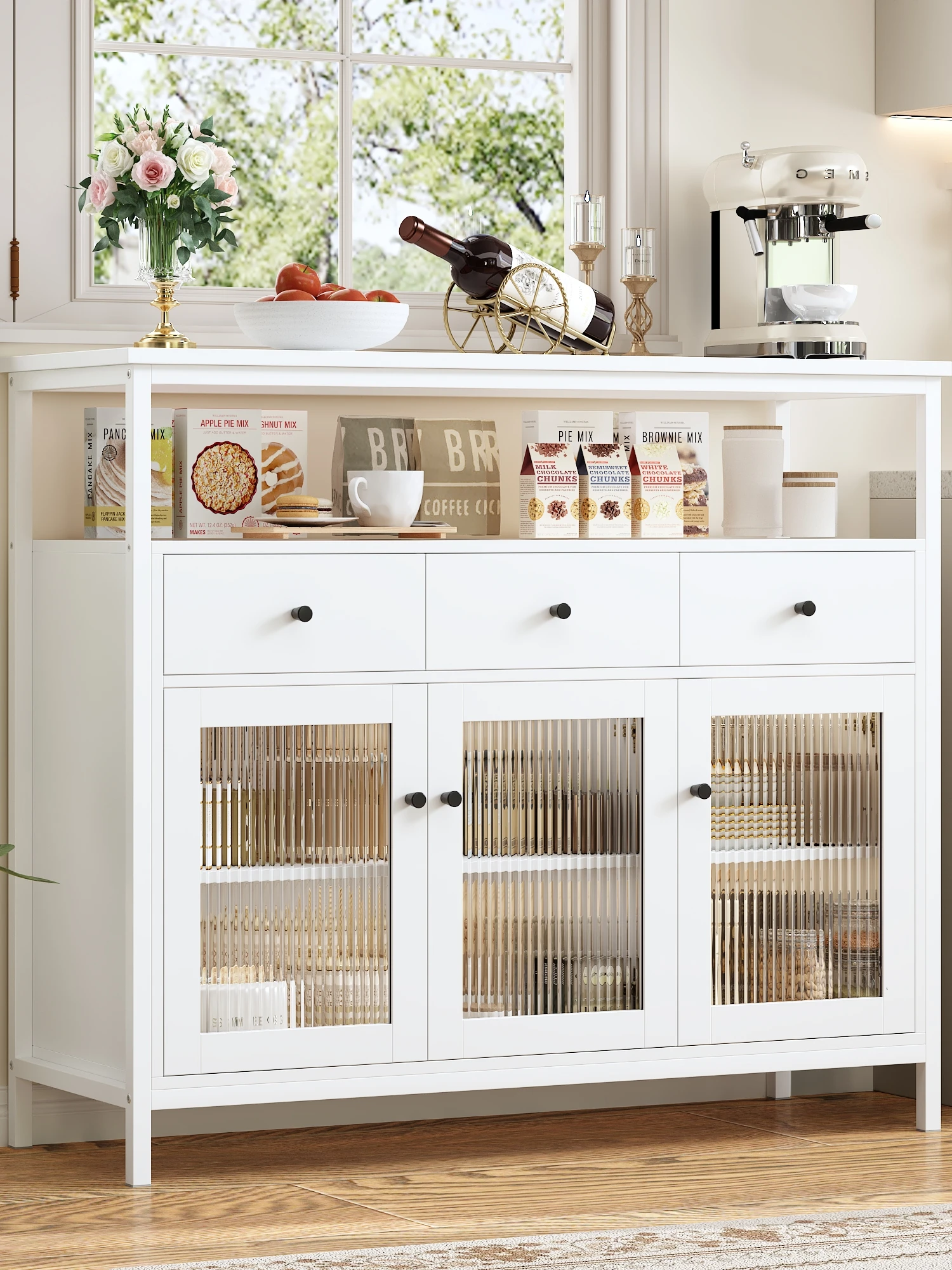 Getone Sideboard Küchenschrank Buffetschrank Weiß Küche kitchen cabinet mit Schubladen 3 Glasstüren verstellbare Ablage 108x38x9