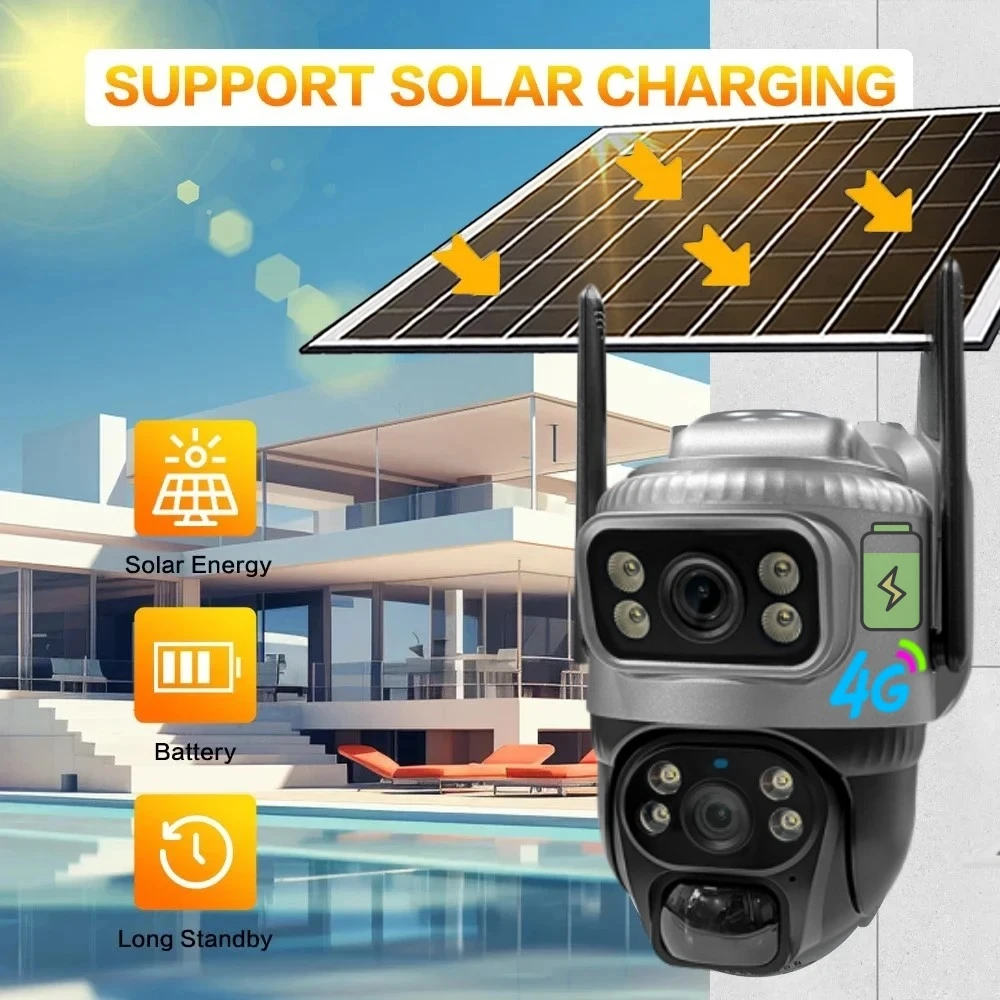 V380 Pro Dual Lens 4G Camera With SIM Card Solar PIR Human Detection Night Vision Security Video IP Cameras 8MP 4K CCTV Monitor