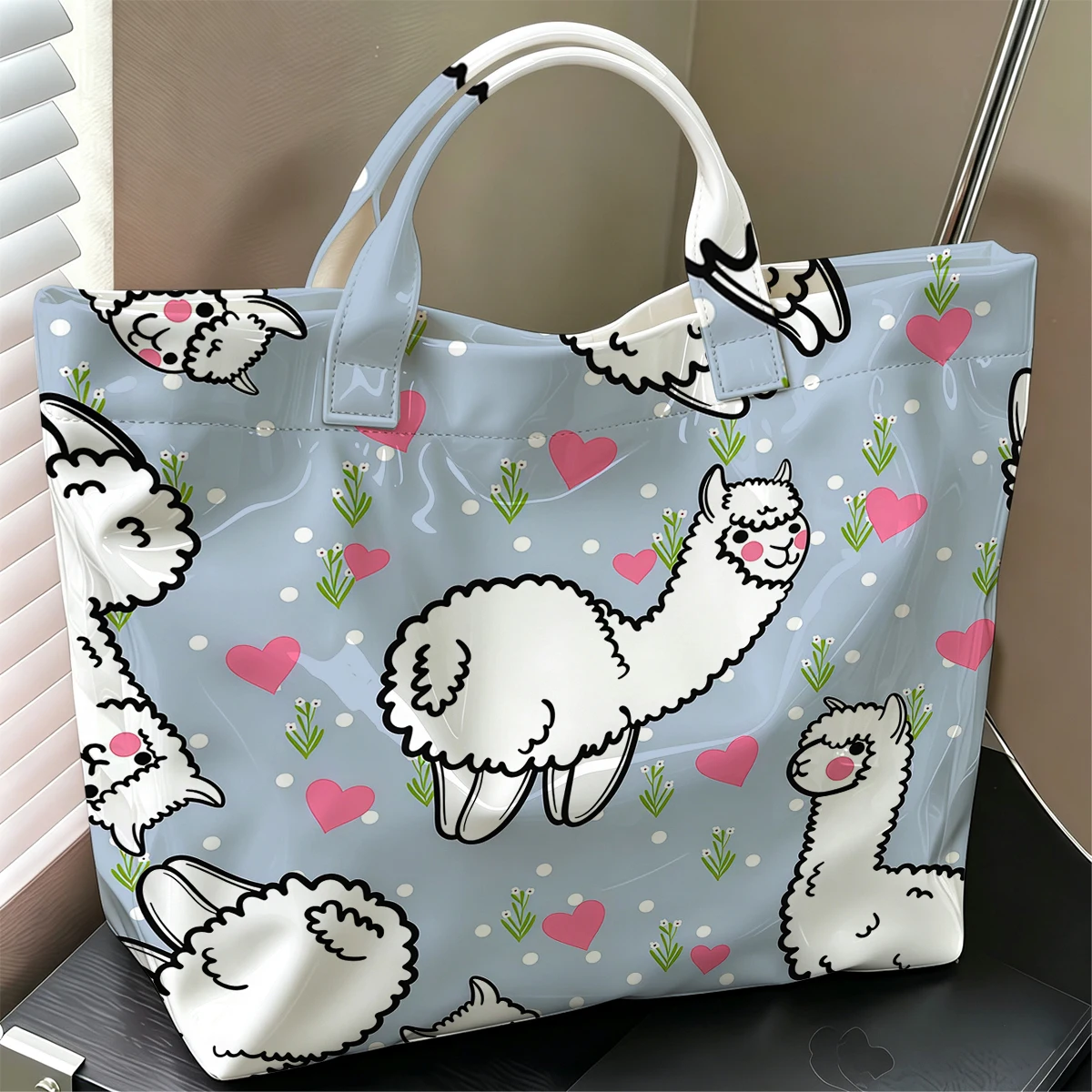 Llama Pattern Cute Large Glossy PVC Tote Bag Hand Washable Lightweight Soft Great for Travel Commute Makeup Storage Handbags