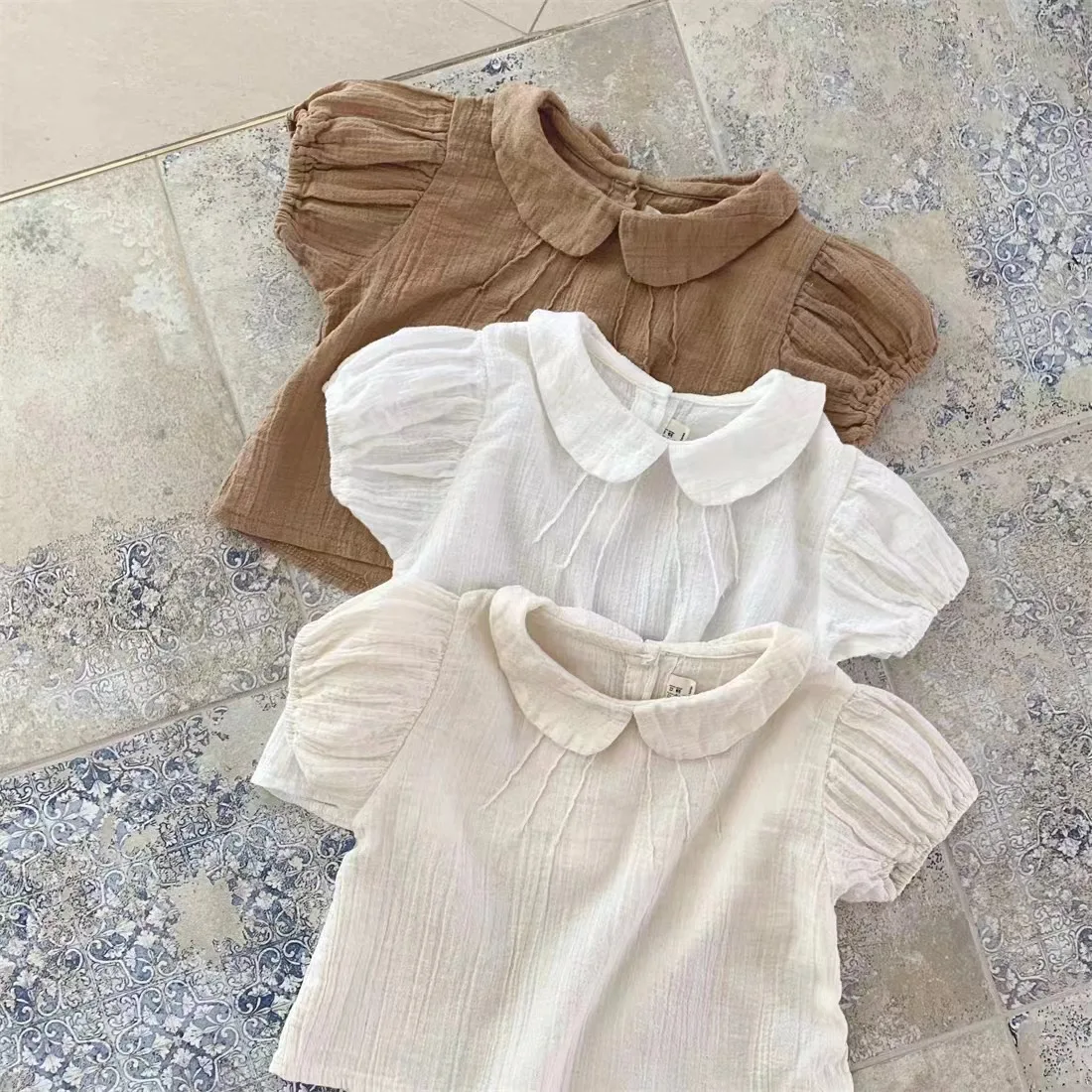 2024 Summer New Baby Short Sleeve Cotton T Shirt Infant Boy Girl Solid Doll Collar Tees Toddler Casual Versatile Breathable Tops