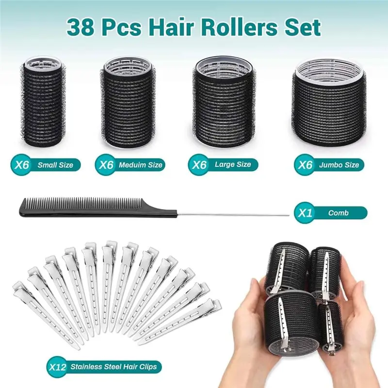2026 New Comb And Storage Bag Included, 38 Pcs Self-Grip Hair Rollers Set In 4 Sizes, 12 Pcs Hair Clips For Blowout Look Styling