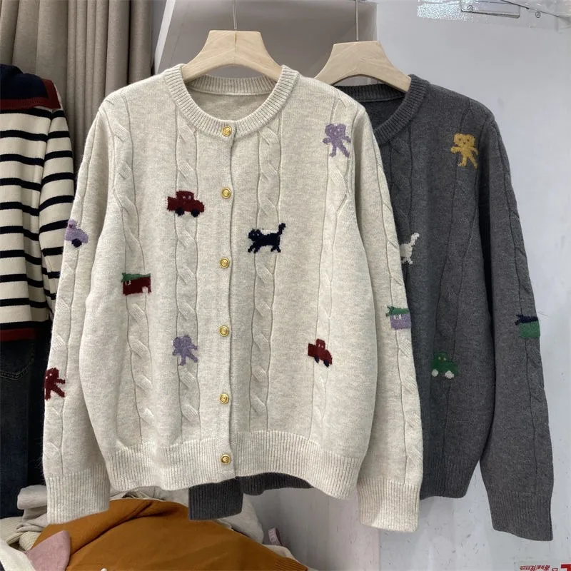 Chic Cute Cats Car Jacquard Sweater Cardigan Korean Sweet Women College Style Long Sleeve Knitwear Jacket Loose Cartoon Coats