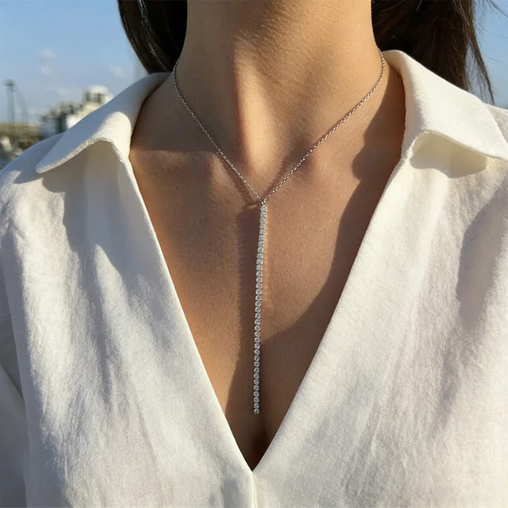 2mm Round Cut Moissanite Tennis Necklaces for Women Long Pendant Line Chain Lariat Y Drop Necklaces S925 Silver Birthday Jewelry