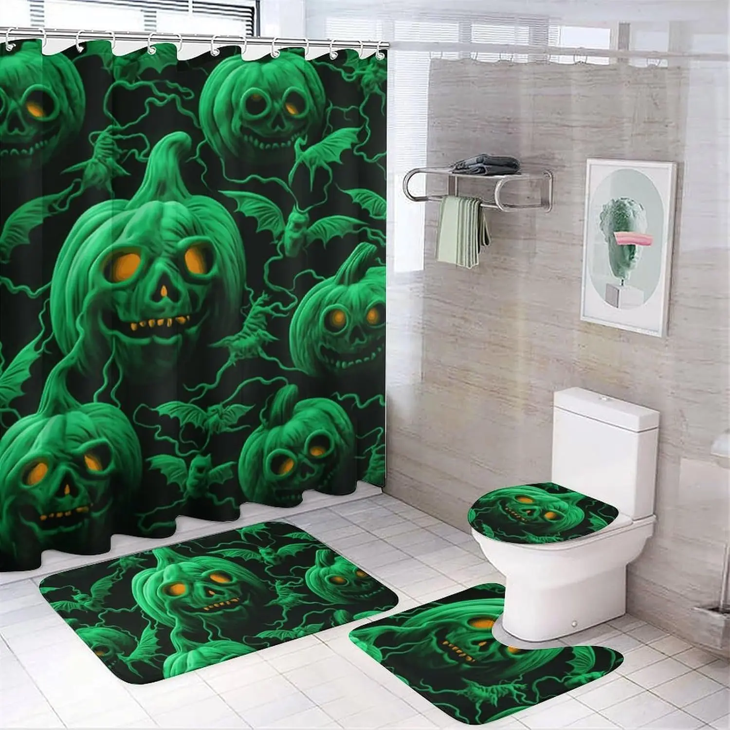 

Набор штор для душа с тыквой на Хэллоуин, состоящий из 4 предметов с нескользящими ковриками, крышкой для унитаза и ковриком для ванной, мягким водонепроницаемым ковром для ванной комнаты
