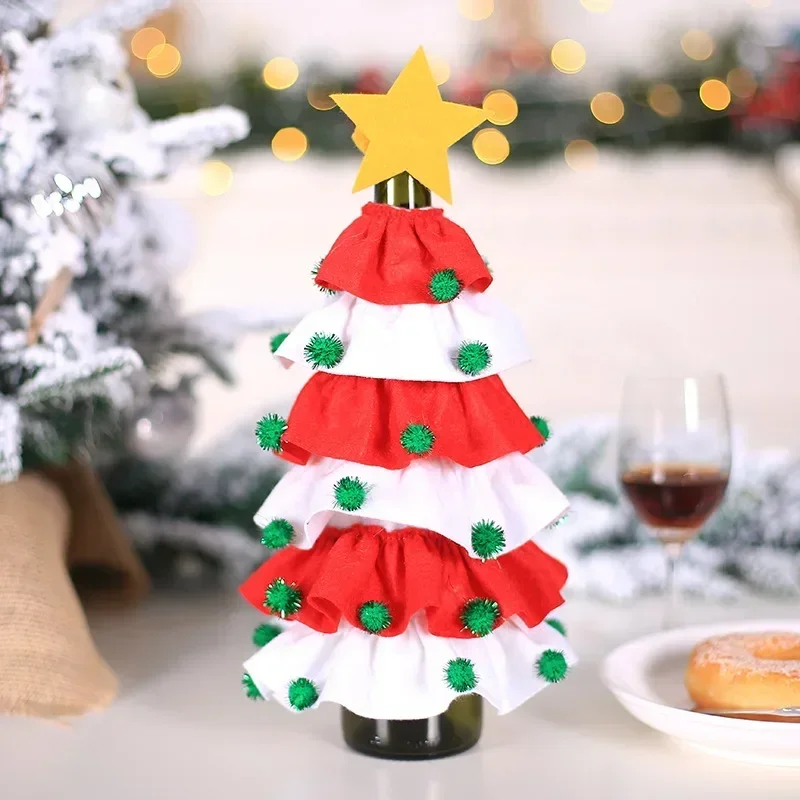 Christmas Tree Wine Bottle Cover Sticky Wool Ball Red Merry Christmas Decor Wine Bottle Bag for Xmas New Year Dinner Decor