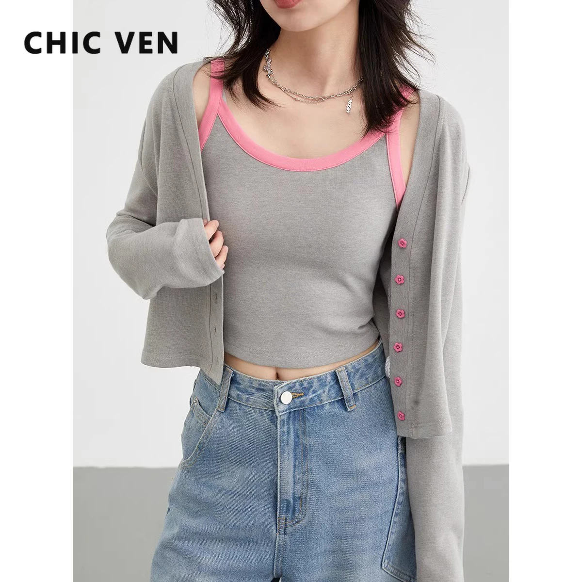 CHIC VEN Women's Sweaters Long Sleeve Cardigan Female Tops Contrast Camisole Two-piece Woman Jumpers Spring Summer 2023