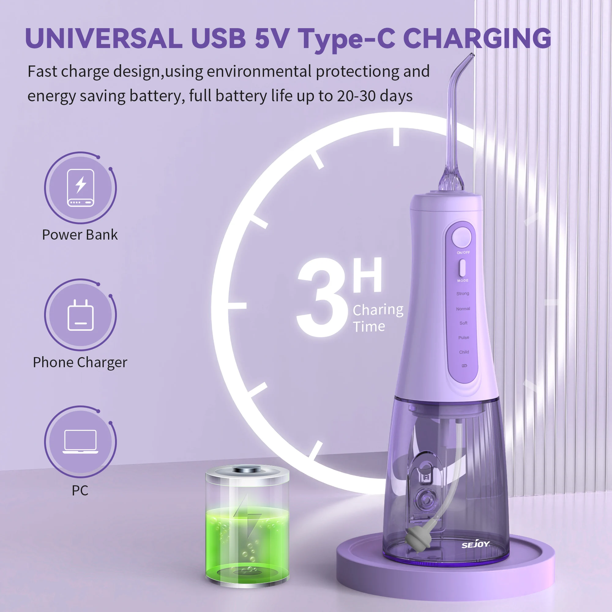 Dental Water Flosser Teeth Pick Oral Irrigator 5 Modes 6 Replaceable Jet Tips 350ml Tank for Teeth Cleaning,Purple