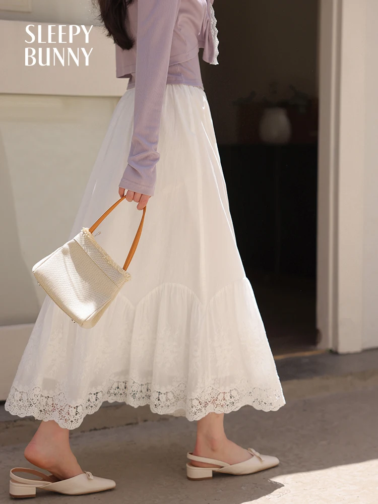 

White Embroidered Lace Midi Skirt for Women Summer Elastic Waist A-Line Casual Vintage Style Flowy Half Skirt for Petite Outfits