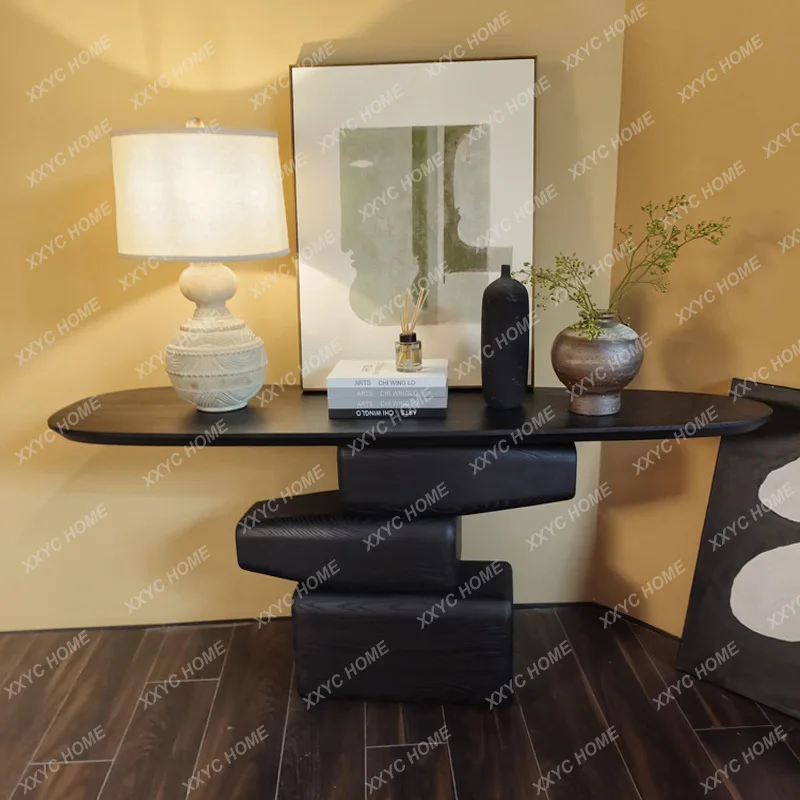 

WW02Wabi Sansan Wind Entrance Art Case Retro Black Solid Wood Furniture Ornament Medieval Entrance Platform