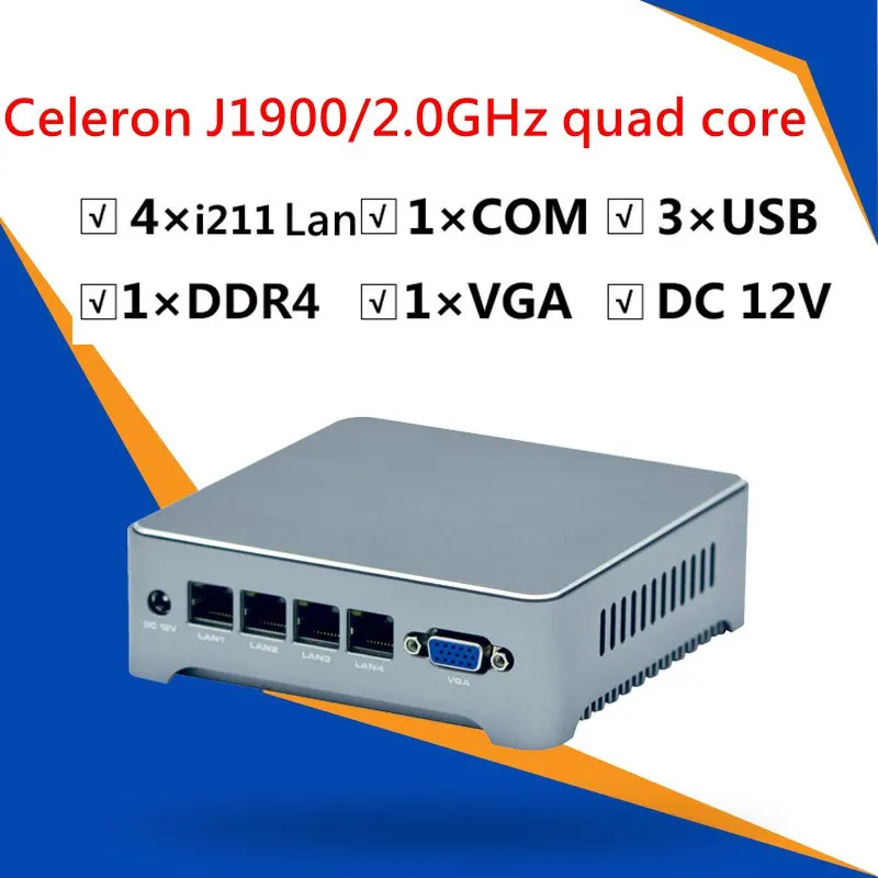 Fanless Mini PC Soft Router Intel Celeron J4125 J1900 Quad Core 4 *1000M Inte LAN COM VGA pfSense Firewall Appliance ESXI AES-NI