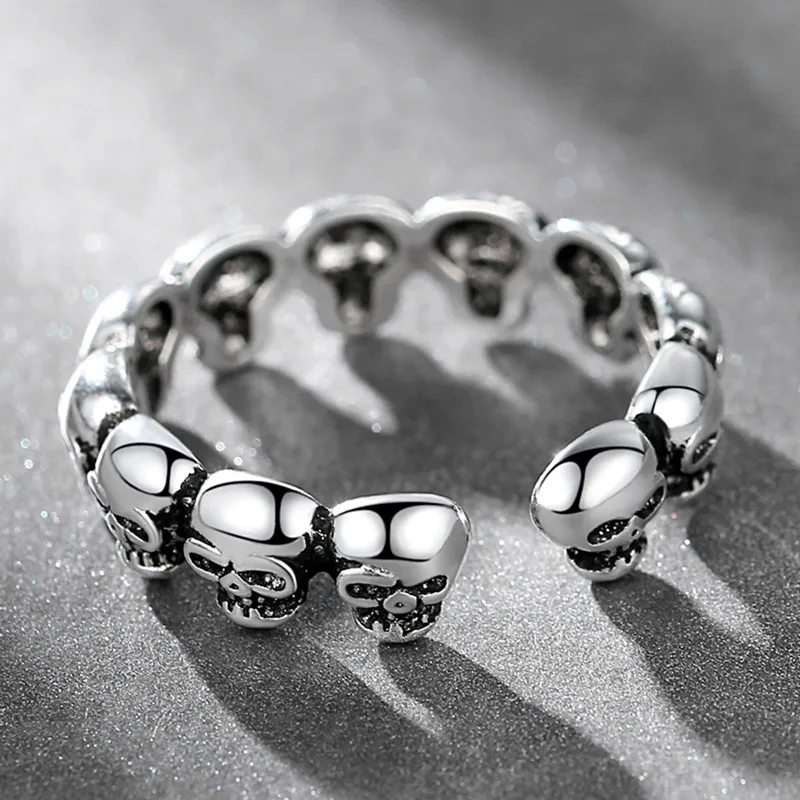 

New Vintage Silver Colour Rings For Men Couple Skull Open Retro Trendsetter Puck Birthday Gift Punk Personality Party Jewelry