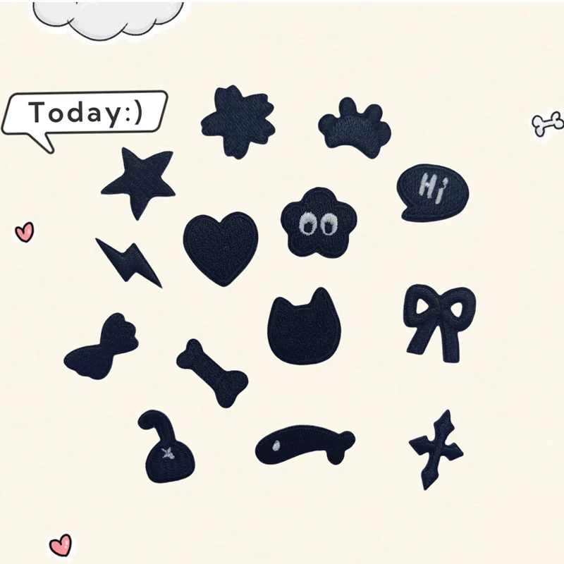 Mini Black Kawaii Iron‑On & Self‑Adhesive Embroidery Patches Cat Heart Star Bow Applique Repair Patch for Clothing Shirt Bag Hat