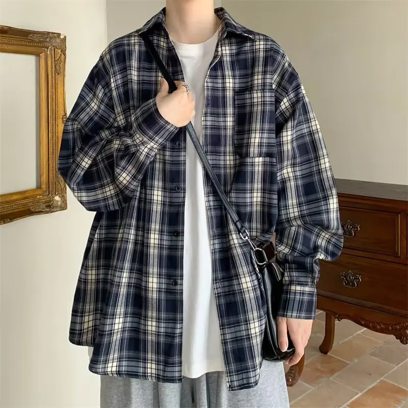Spring Autumn Vintage Plaid Long Sleeve Shirt Jacket Men's Loose Business Casual Streetwear Top