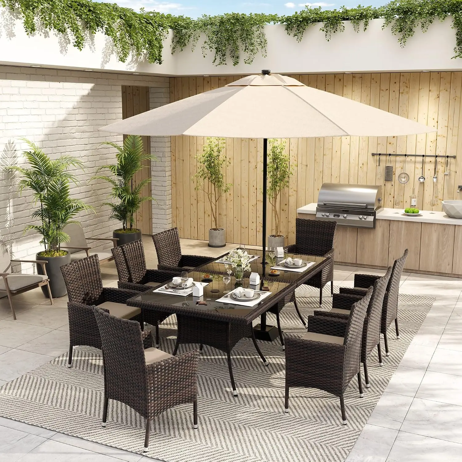 10 Piece Outdoor Patio Dining Set for 8 All-Weather Wicker Patio Furniture Set w/Tempered Glass Tabletop, Removable, Customized