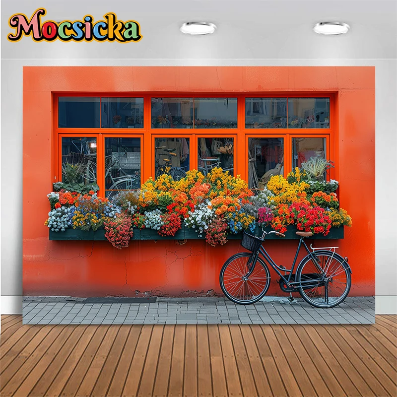 Mocsicka الربيع زهرة خلفية البرتقال الفن جدار دراجة زينة امرأة الزفاف ملابس للحمل التقطت الصور خلفية الاستوديو