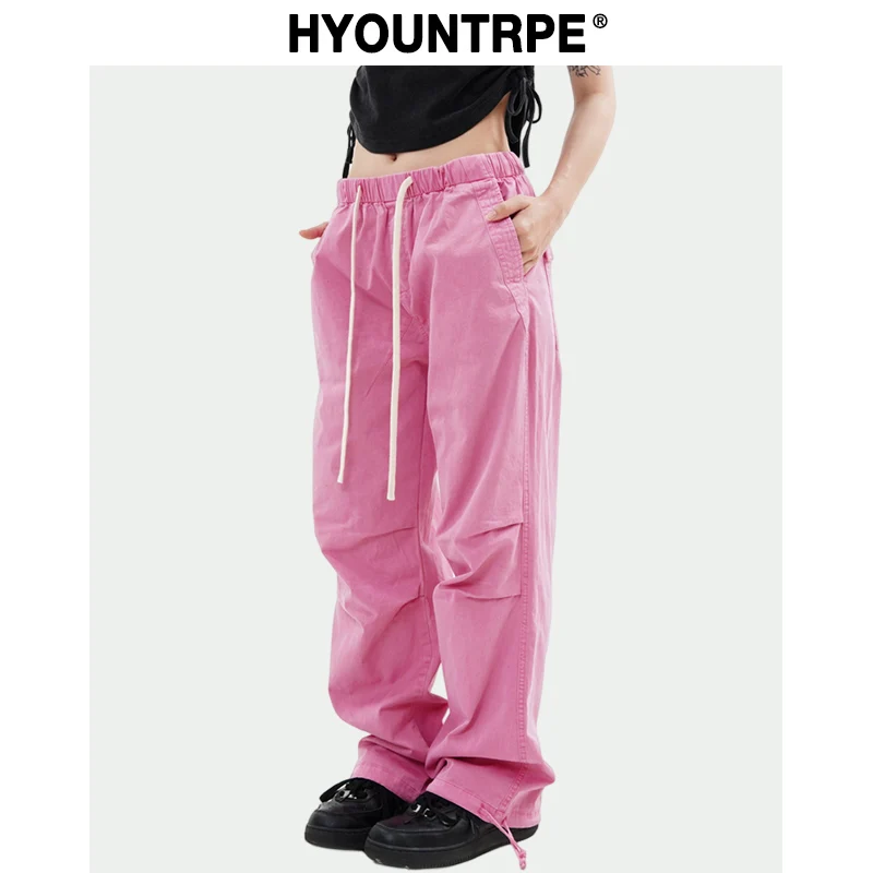 

Knee Fold Baggy Pants Unisex Casual Elastic Waist Straight Trousers Streetwear Fashion Drawstring Women Men Hip Hop Y2k Joggers