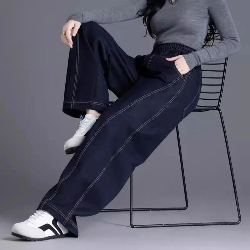 Elastic waist Wide leg Jeans Women's 2026 New Spring Autumn Loose High waist Sickle Shaped Knife Pants Female Casual Denim Pants