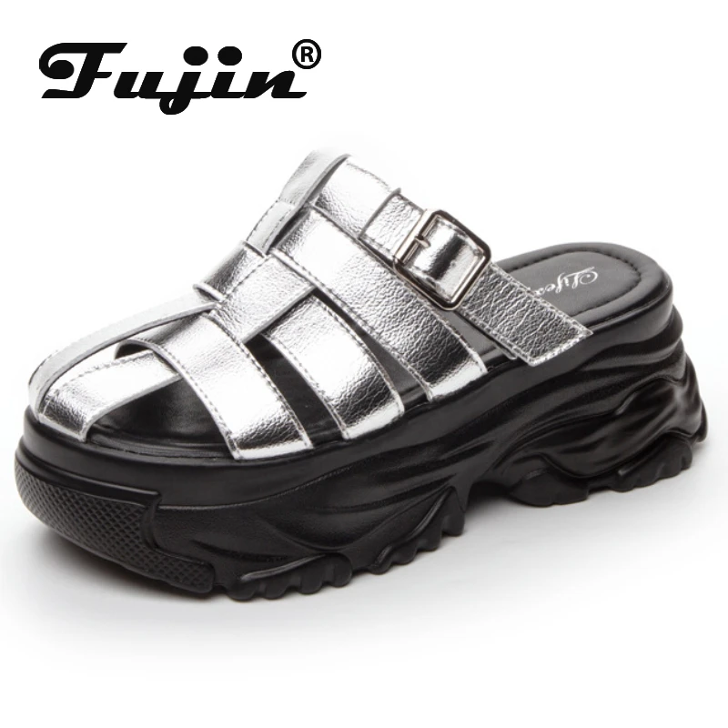 

Fujin 7cm New Weave Genuine Leather High Brand Hollow Platform Wedge Comfy Ladies Sandals Fashion Breathable Women Summer Shoes
