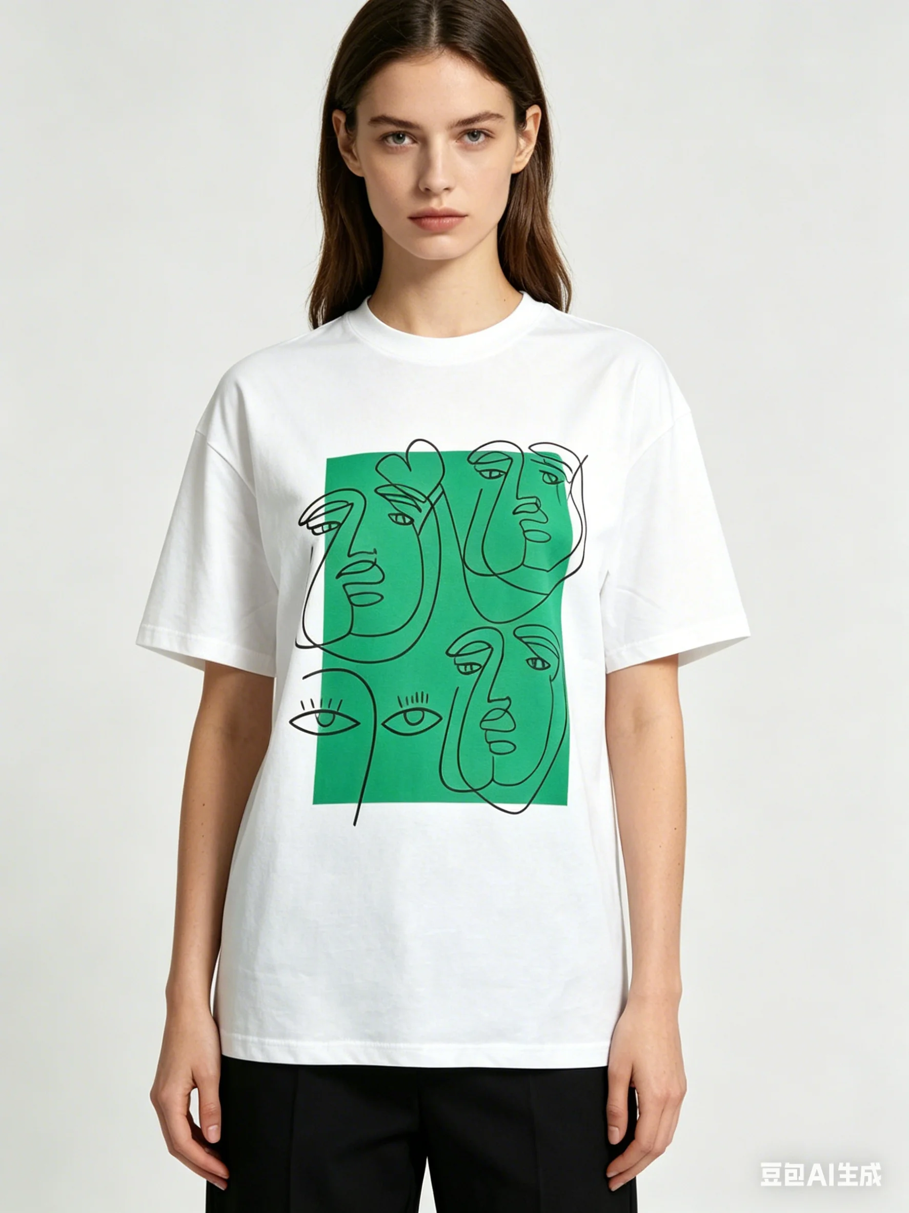 Abstract Line Art Face Print T-Shirt | Green & White Oversized Graphic Tee High Quality Soft Cotton Aesthetic Streetwear Elegant