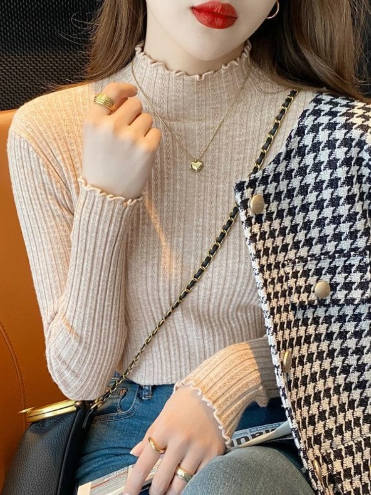 가을 겨울 우아한 패션 슬림 긴 소매 스웨터 세련된 셔링 솔리드 니트 풀오버 터틀넥 스위트 풀오버 여성 의류