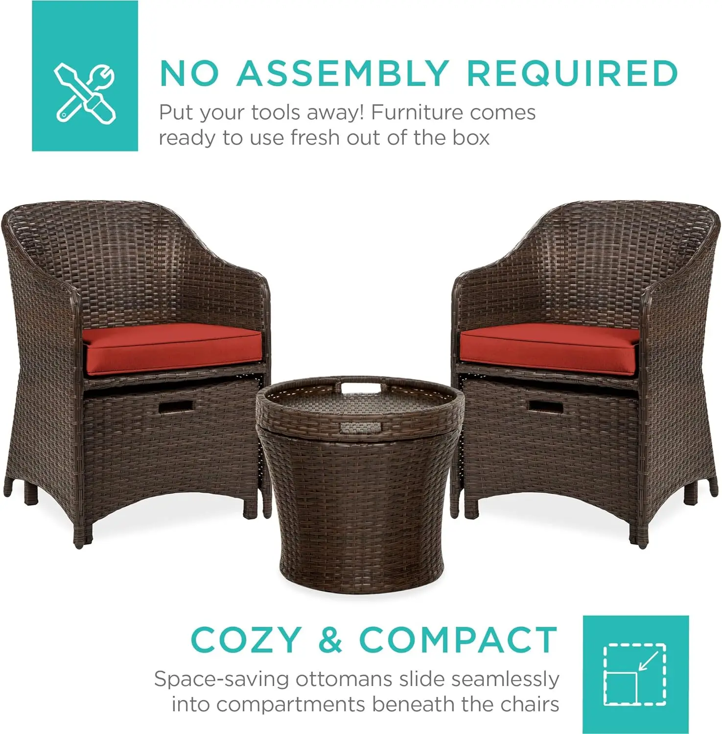 5-Piece Outdoor Patio Furniture Set, No Assembly Required Wicker Conversation Bistro & Storage Table for Backyard, Porch