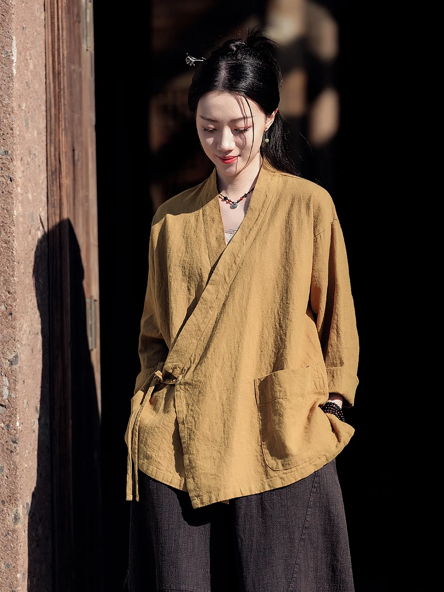 

Retro Chinese Style Loose Fit Shirt with Belt Tie Design Linen Material Zen Tea Style Women's New Fashion Top Coat