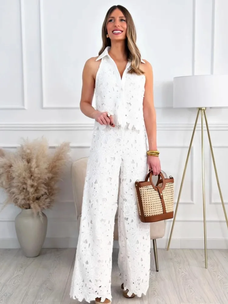 الصيف المرأة بسيطة بلون قطعتين مجموعات مريحة رداء غير رسمية جوفاء الخامس الرقبة الدانتيل سترة علوية واسعة الساق بنطلون مستقيم #3