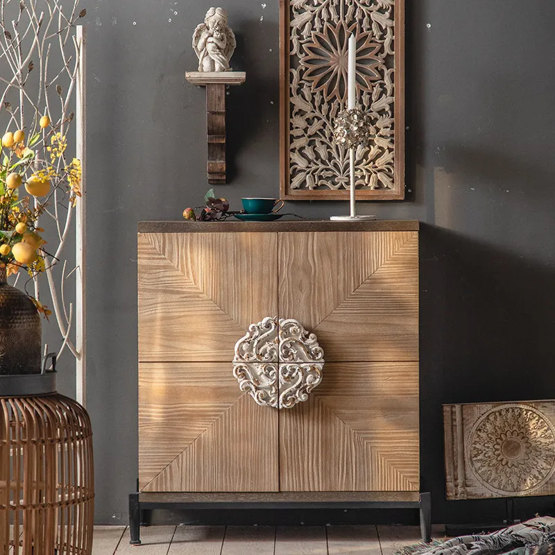 The dining side cabinet made by retro solid wood craftsmen with exquisite relief design is suitable for storage