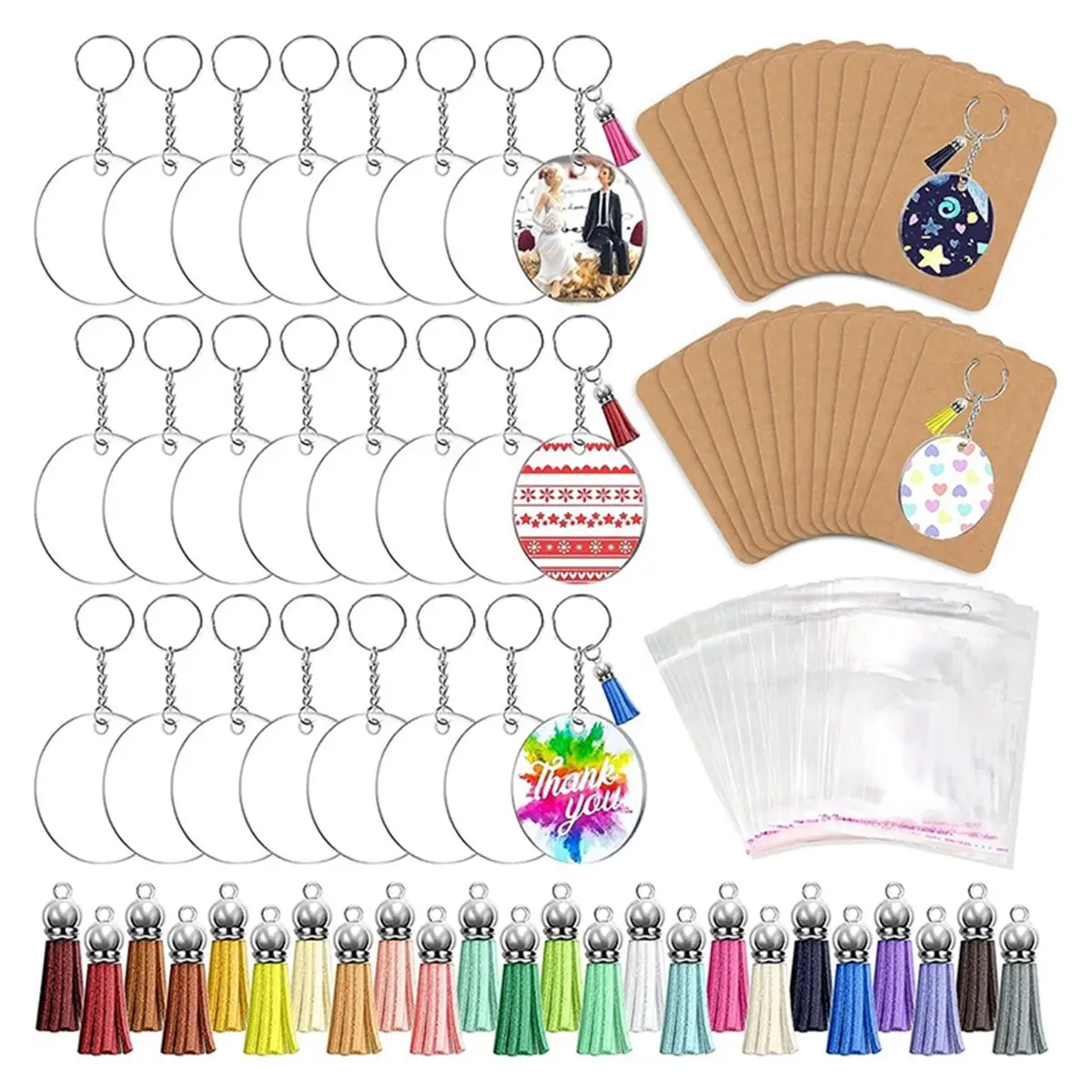 PROMOTION!Acrylic Keychain Blanks Set,Clear Circle Acrylic Blank Bulk Tassels for DIY Keychain Earring and Craft Project