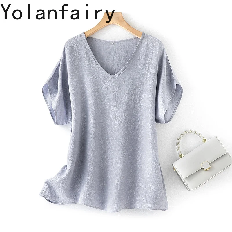 YOLANFAIRY 100%Real Mulberry Silk T Shirts for Woman Summer Tops Jacquard Women's T Shirts Comfortable V-neck Tees t shirt dames