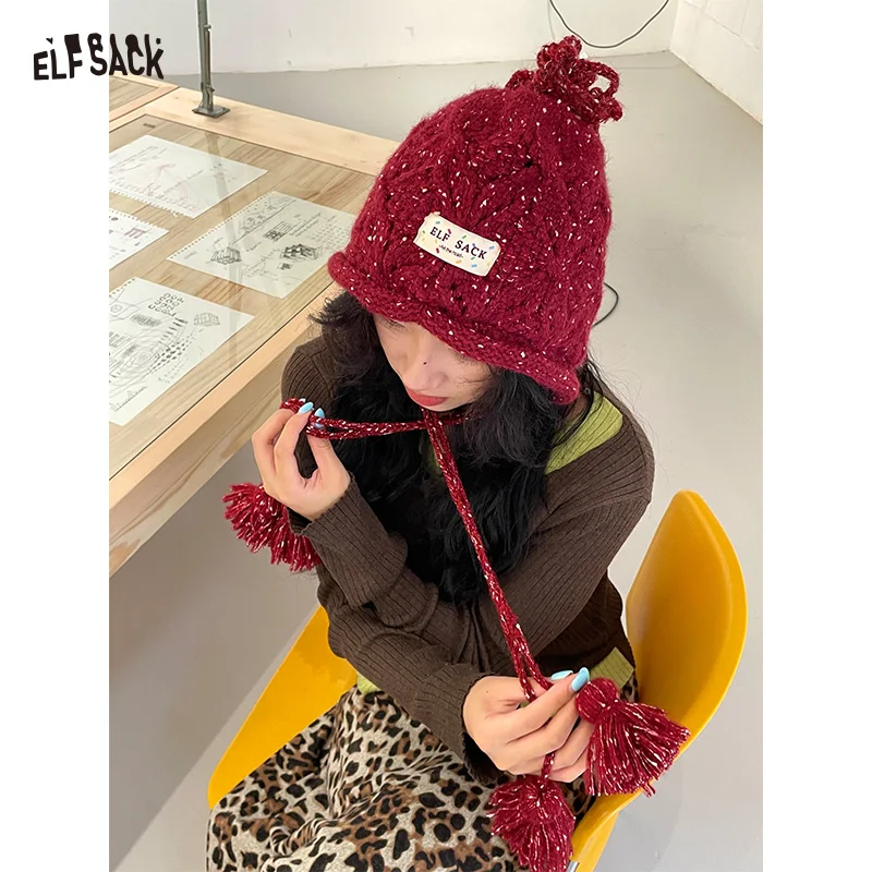 

ELFSACK 2025 Winter New Arrivals Casual Solid Color Plush Faux Fur Braided Tassel Bucket Hat For Woman