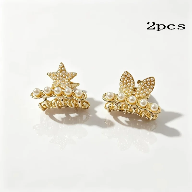 2Pcs Small Alloy Imitation Pearl Hair Claw Clip, Cute Top Head Hairpin for Women