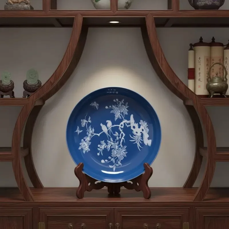 Jingdezhen Hand Carved Blue Pink Traditional Chinese Auspicious Pattern Durable 10 Inch Ceramic Decorative Plate