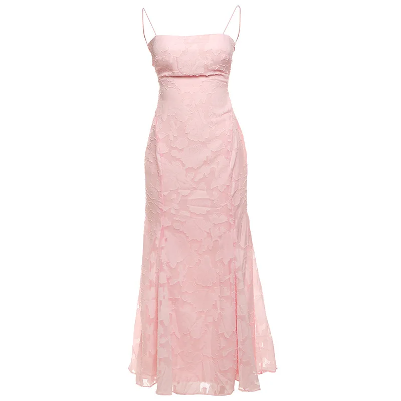 섹시한 이브닝 파티 드레스 여성 2025 여름 비치 맥시 롱 드레스 레이스 홀터넥 큰 스윙 백리스 핑크 휴가 베스티도스