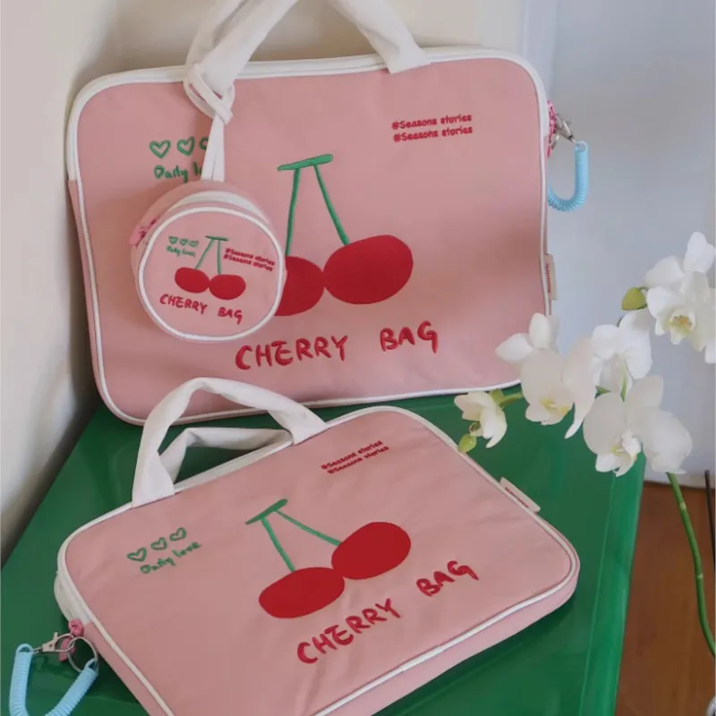 Sweet Cute Cherry Hand Carry Laptop Bag Women Tablet MacBook Air 13 Case 14 Inch Laptop Sleeve Portable Large Capacity Briefcase