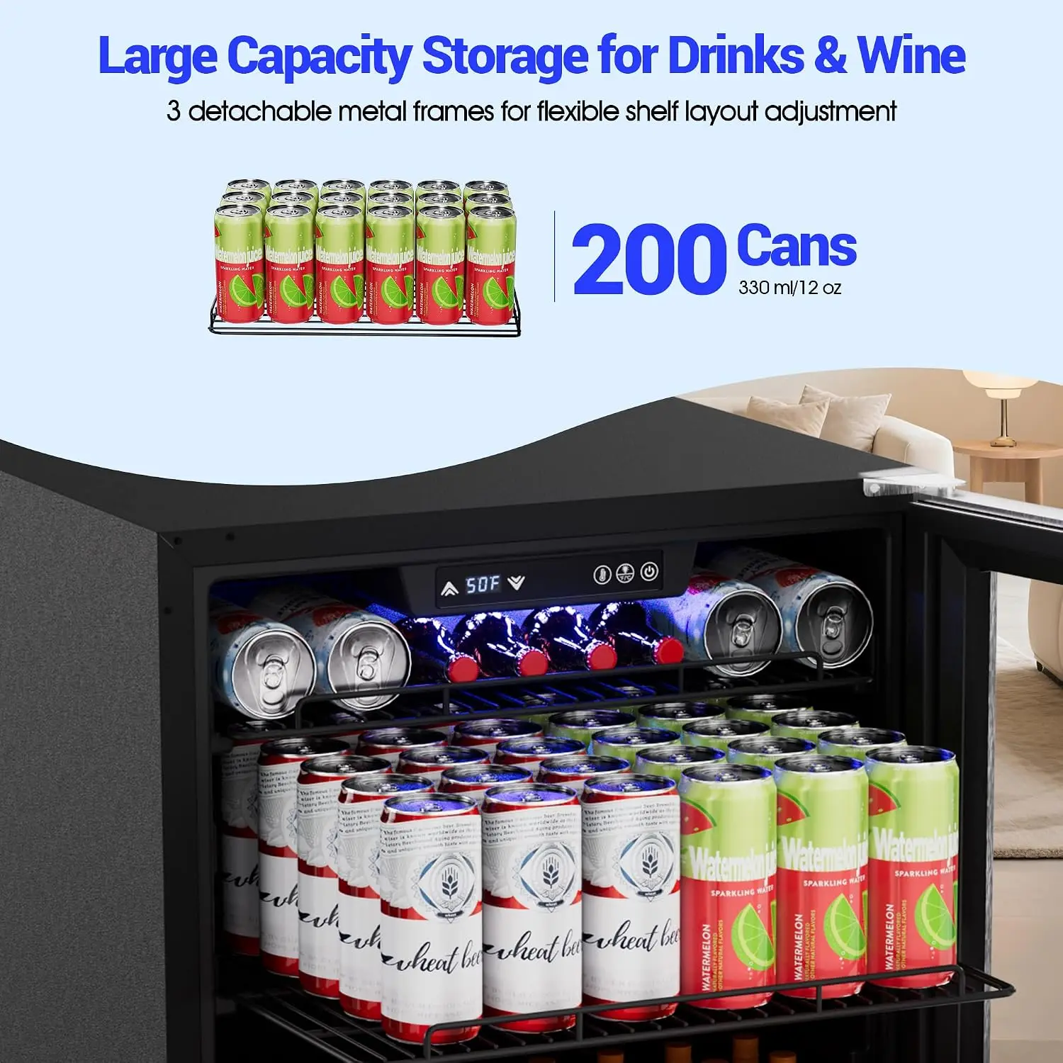 24 Inch Beverage Refrigerator Glass Door 200-Can Drink Cooler Fridge Mini Bar Office Home Commercial Use 5.3 Cu.Ft, Customized