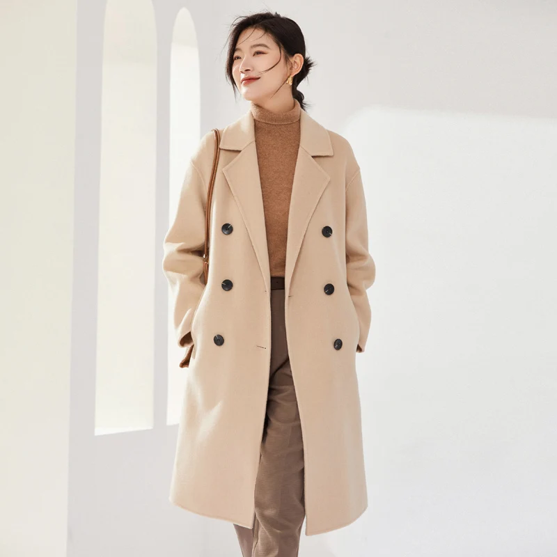 

Autumn Winter Double-Sided Wool Coat for Women High-End Mid-Length Double-Breasted Trench Coat Khaki 100% Wool Jacket