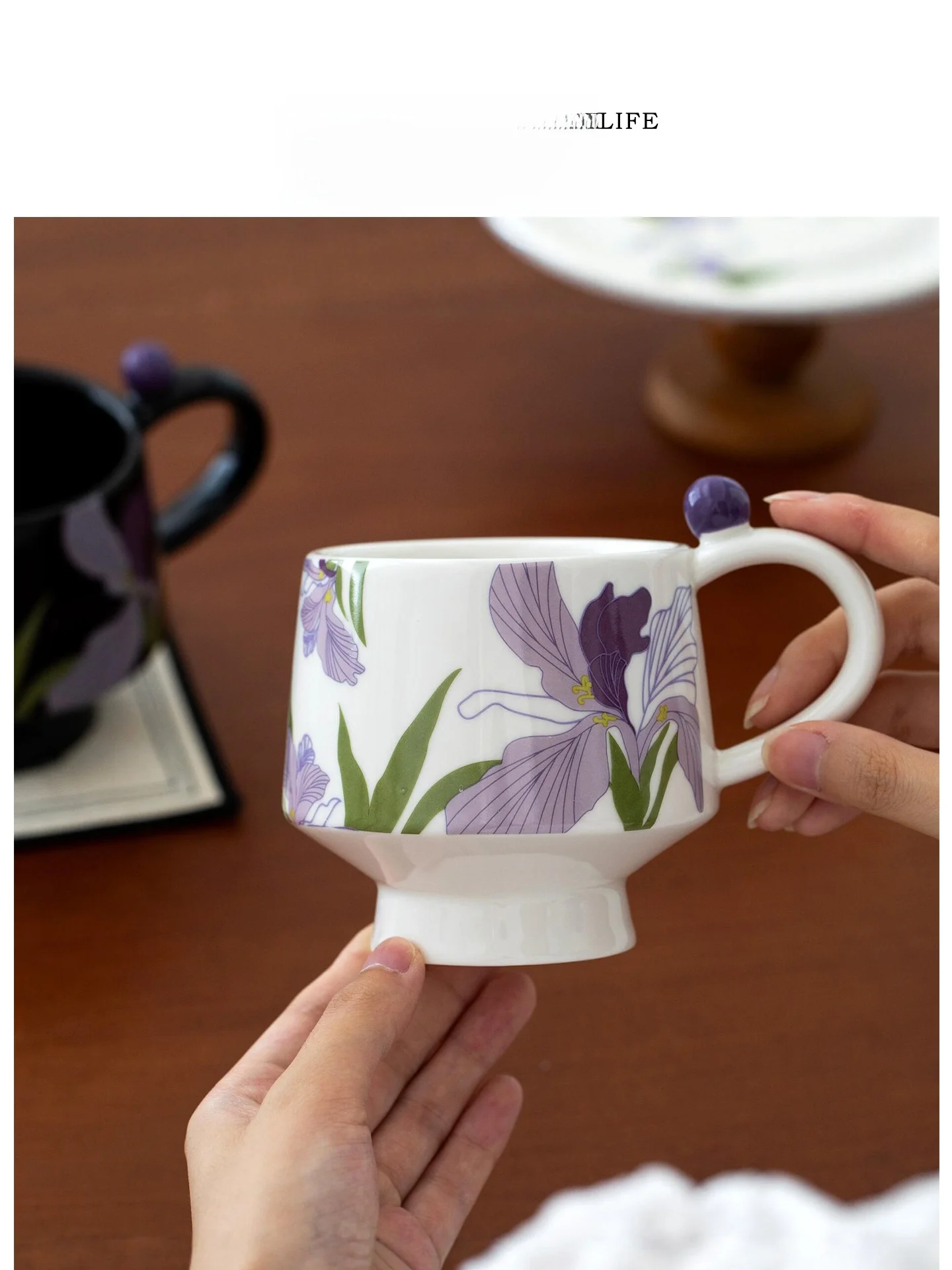 Tlife High Aesthetic Value Ceramic Iris Flower Design Mug Retro Tall Footed Cup for Adults Home Use Single Ear Handle Mug
