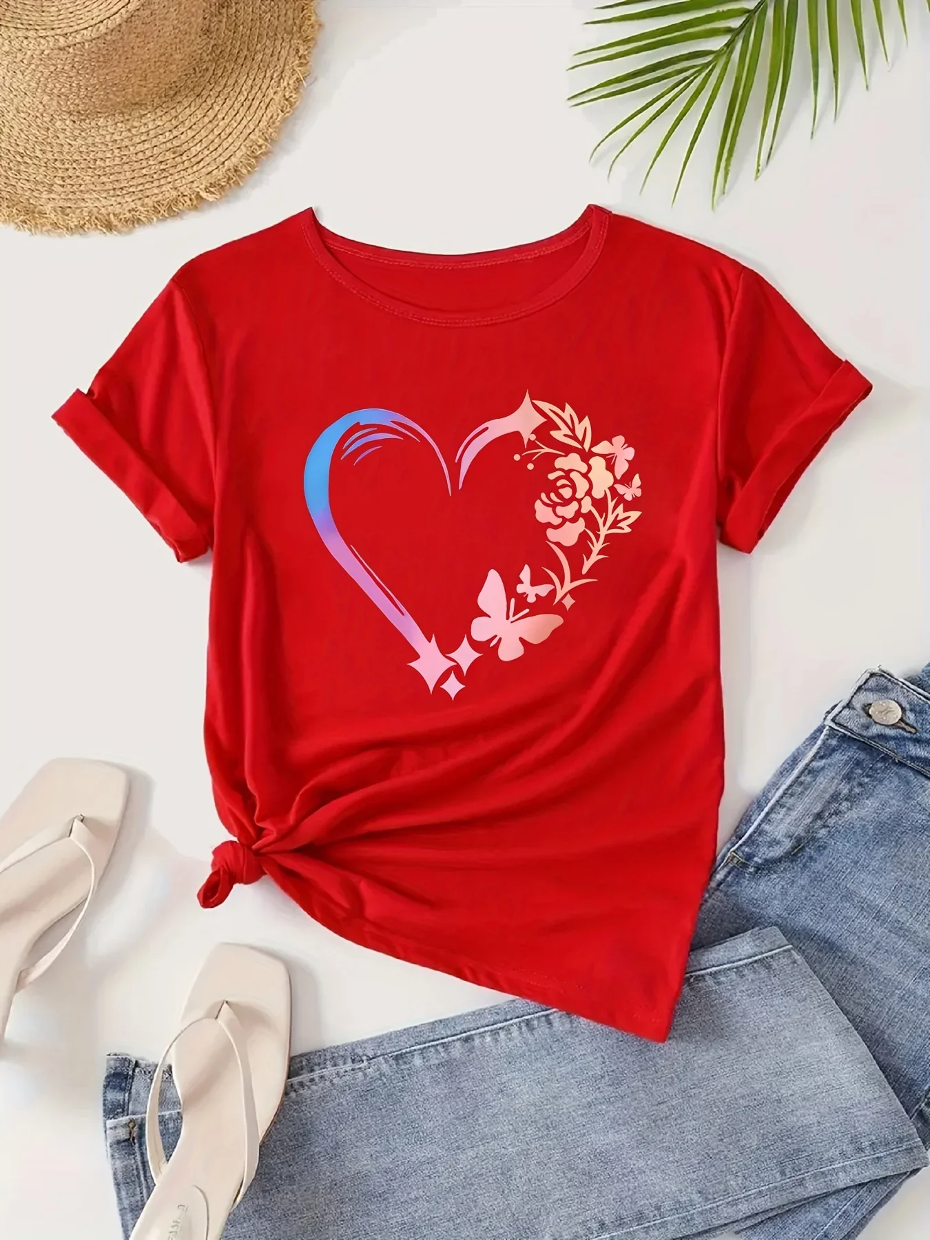 Heart & Butterfly Print Casual T-Shirt, Round Neck Short Sleeves Soft Sporty Tee, Women's Clothing